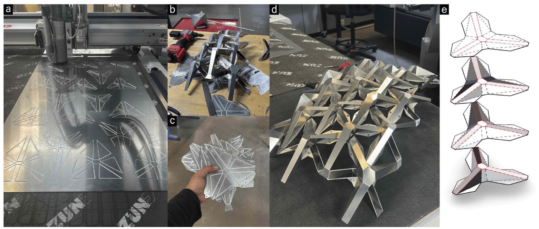 (a) Aluminum stock with engraved folding maps of unit cells, (b) assembly progress of the doubly curved model, (c) a handful pile of unit cells, (d) doubly curved model manufacturing process finished, and (e) molecule folding.