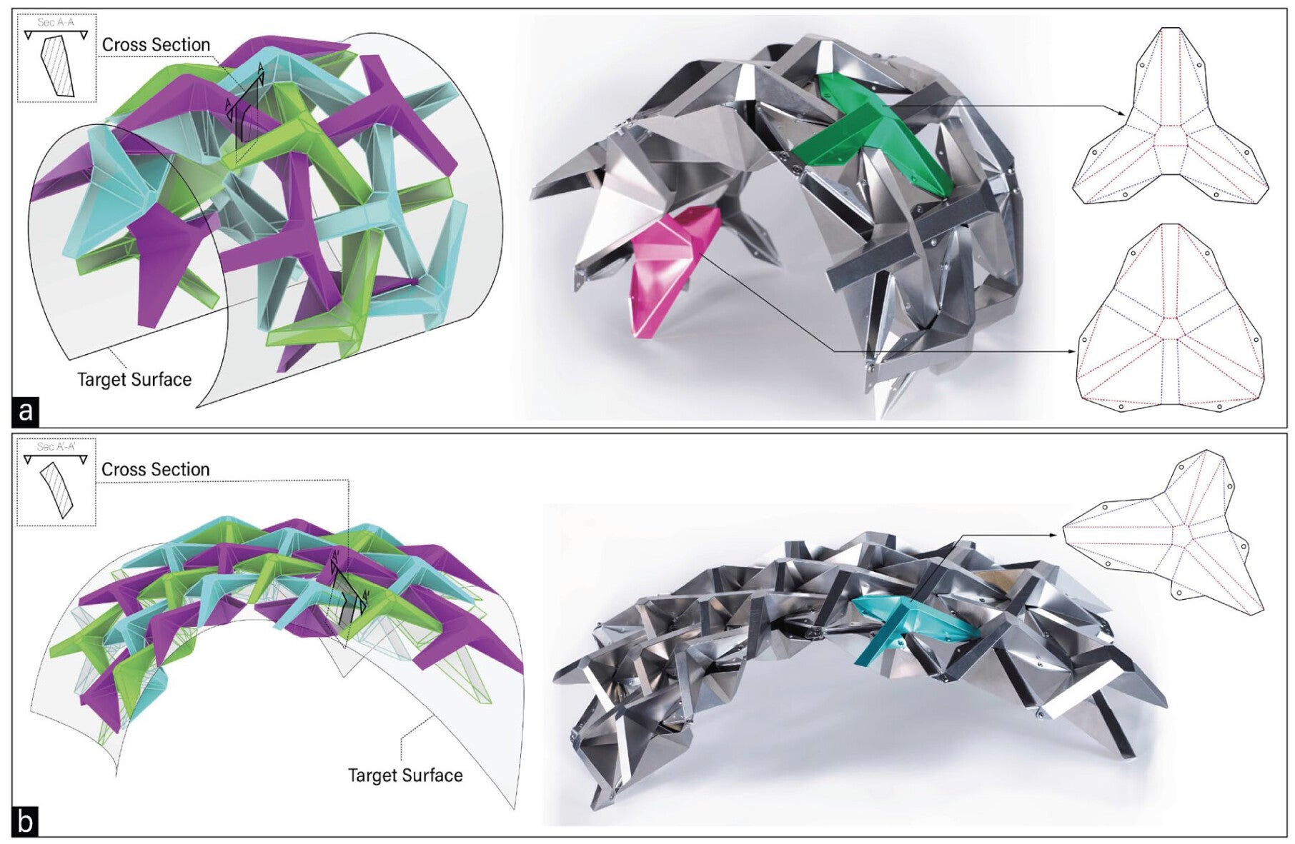 Results of the described method. RGB color is the calculated CAD model, gray is the manufactured prototype with some cells highlighted to see the folding pattern for the resulting unit cells. Top left shows cross sections: (a) single curvature target surface and (b) doubly curved target surface.
