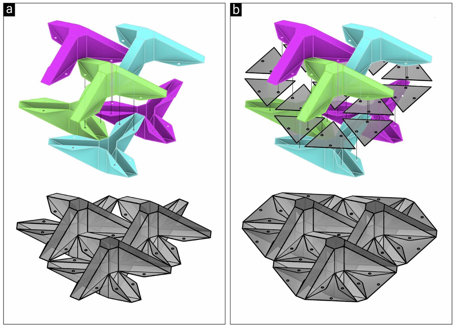 (a) Assembly using the hexagonal subdivision method and (b) assembly using an additional triangular piece.