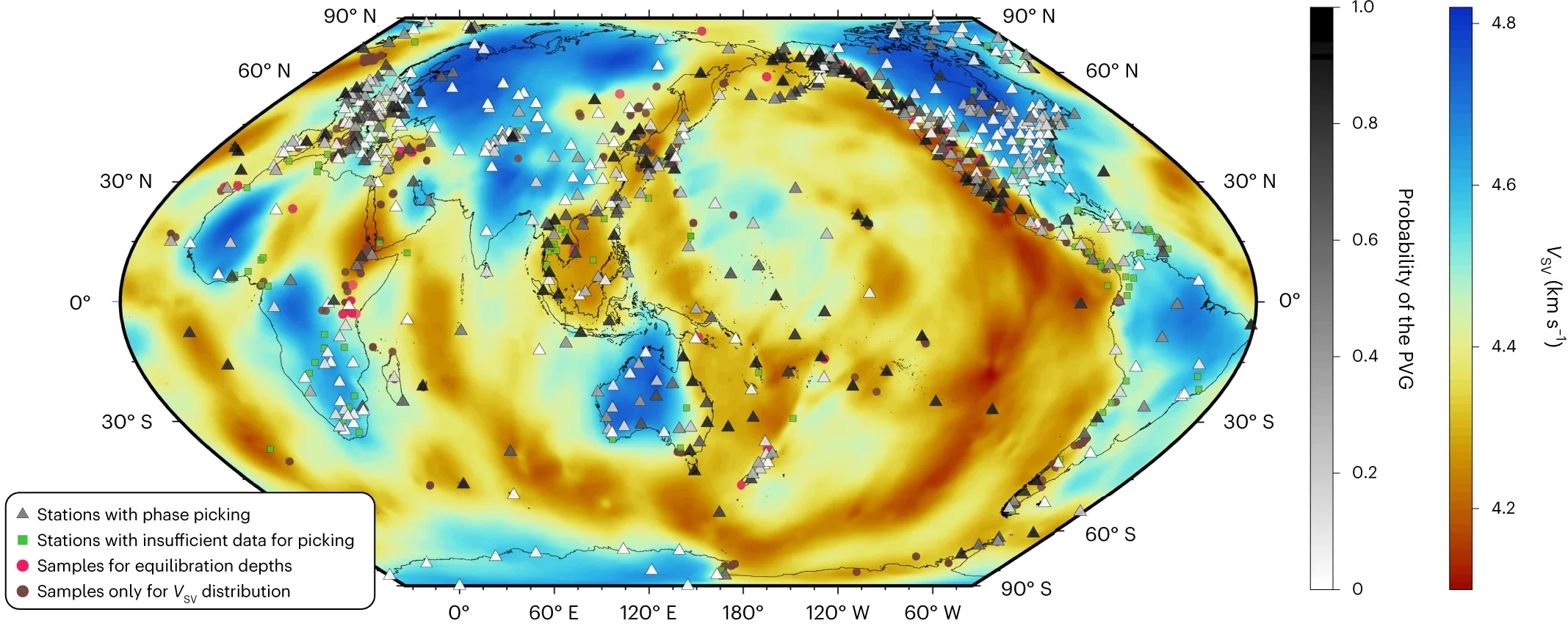 The map highlights seismic features 230 to 350 kilometers beneath Earth’s surface, alongside mantle hotspots, subduction zones, and ancient continental boundaries. Seismic observations reveal that the PVG-260 discontinuity occurs across a wider range of mantle shear-wave velocities than the shallower PVG-150 feature.