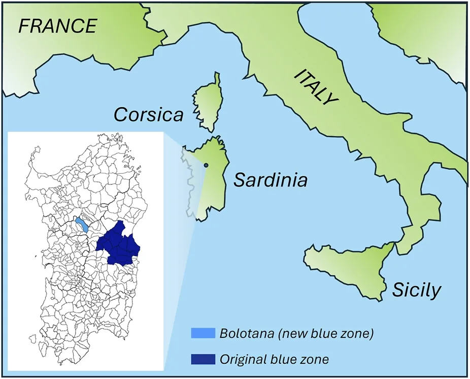 Geographic location of Bolotana, and the original Sardinian Blue Zone. The main map situates Sardinia within the western Mediterranean in relation to Corsica, mainland Italy, Sicily, and southern France. The inset shows the municipalities of Sardinia, with Bolotana highlighted in pale blue and the 14 municipalities constituting the original Sardinian Blue Zone highlighted in deep blue.