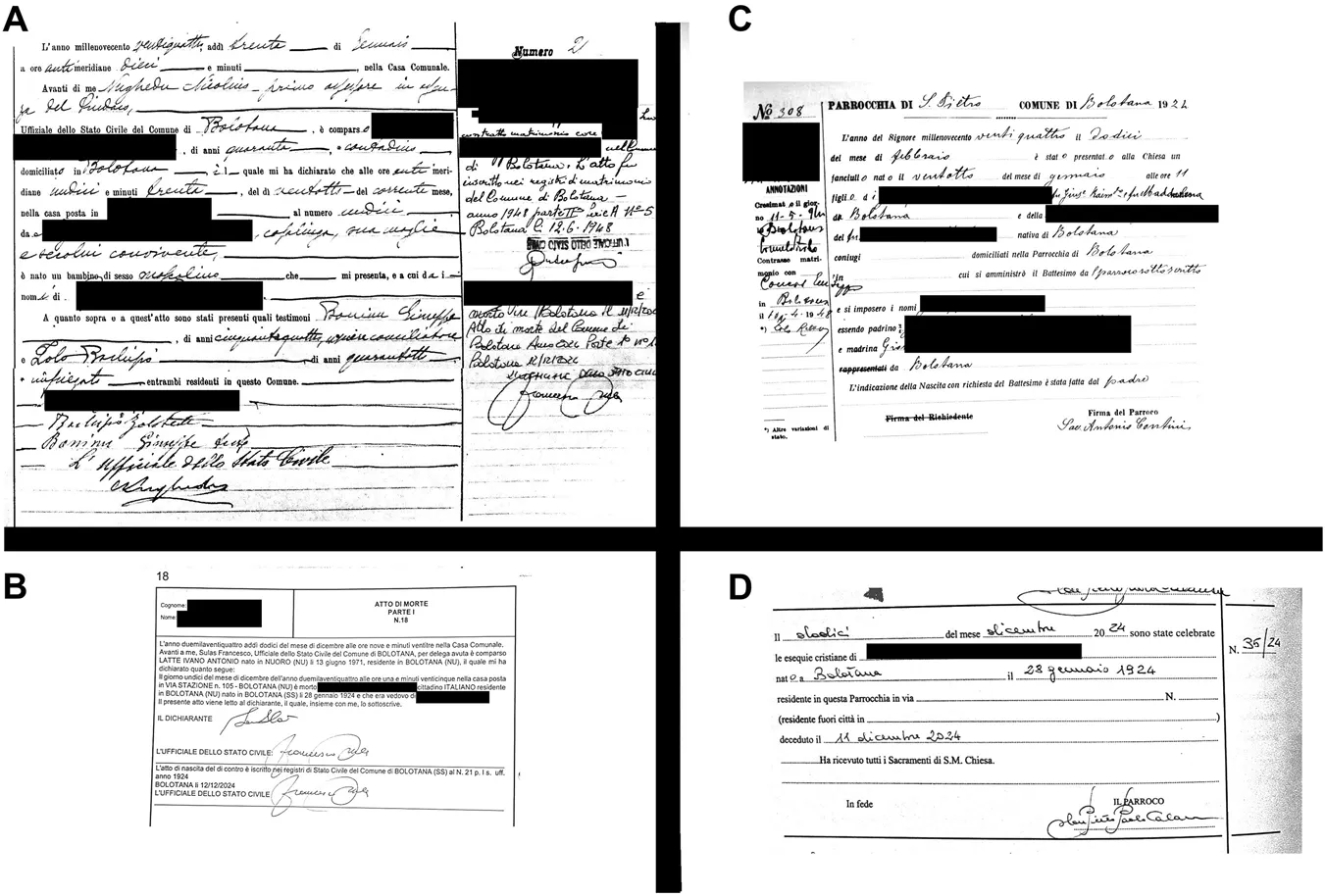 Cross-validation of civil and parish records for a Bolotana centenarian. (A) Birth certificate from the Bolotana municipal civil registry; (B) death certificate from the municipal civil registry; (C) baptismal certificate from the parish archive; and (D) ecclesiastical death certificate from the parish archive.