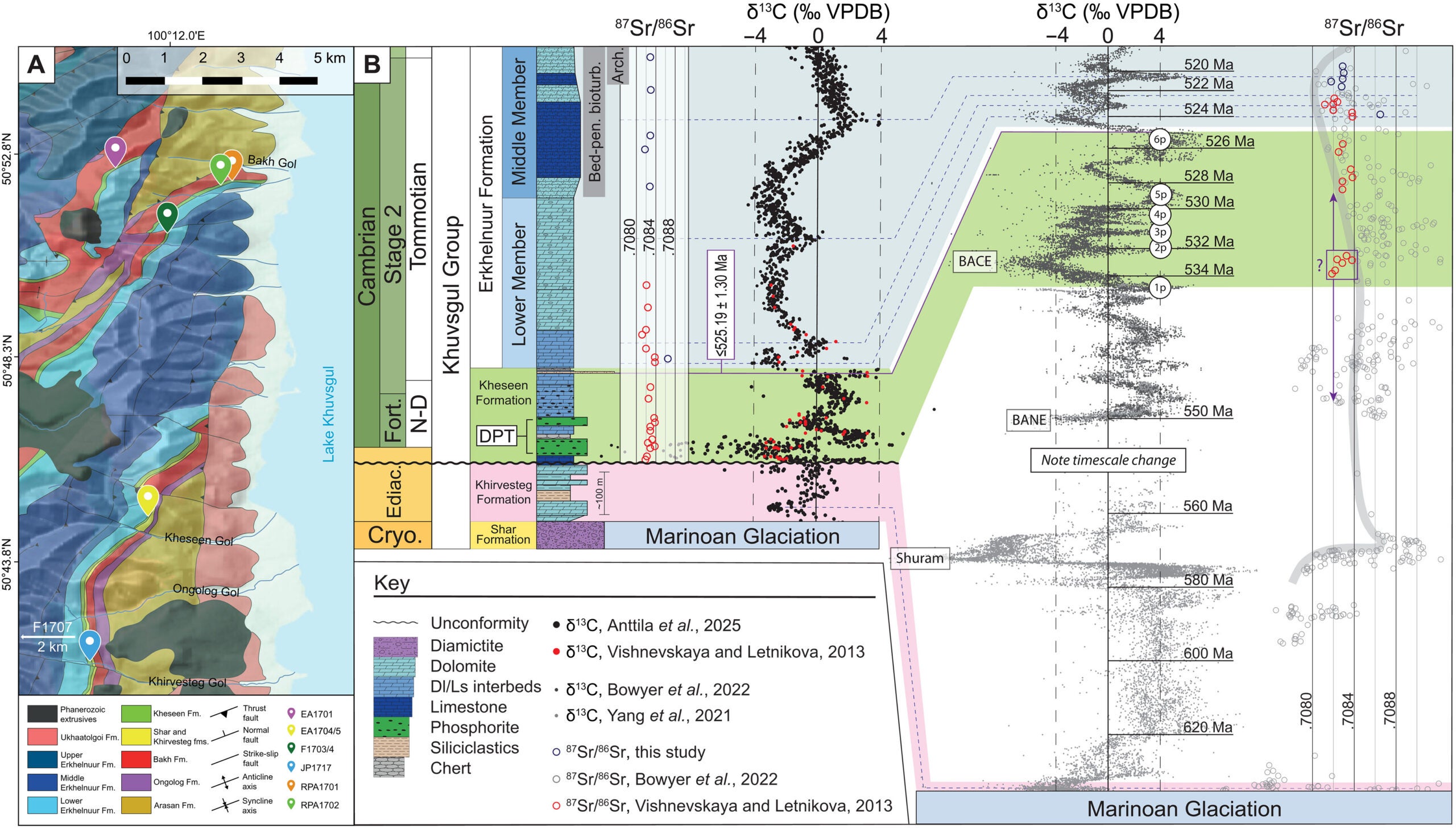 Geological setting of the Kheseen Formation. (A) Geological map of the western shore of Lake Khuvsgul, modified from Anttila et al. (35). Sample localities are labeled. (B) Generalized lithostratigraphy and chemostratigraphy of the Kheseen Formation and adjacent strata of the Khuvsgul Group. 