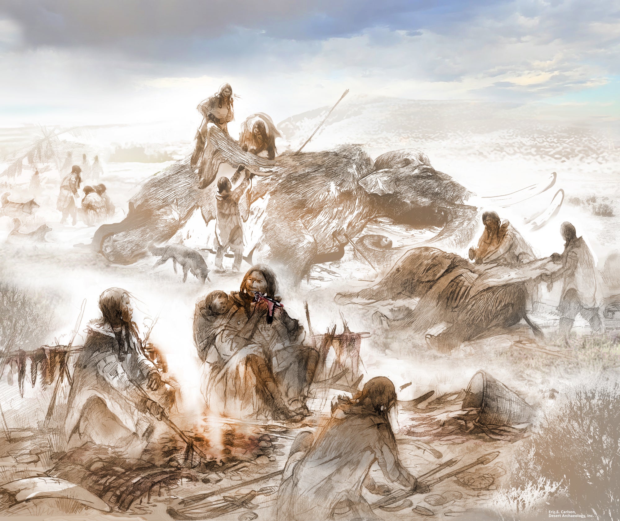An artist’s reconstruction of Clovis life 13,000 years ago shows the Anzick-1 infant with his mother consuming mammoth meat near a hearth. 