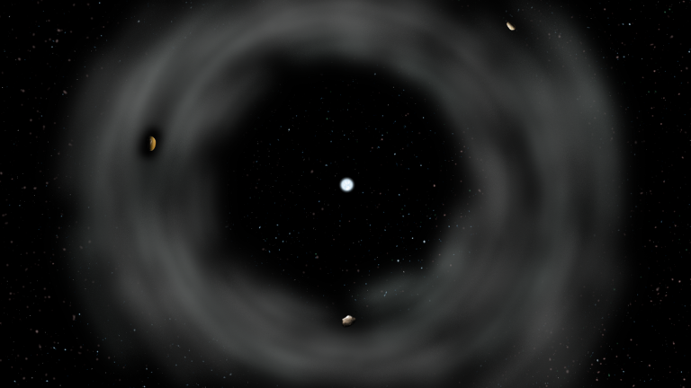 This artist's illustration shows a white dwarf star surrounded by a debris disk with three asteroids orbiting in the disk.