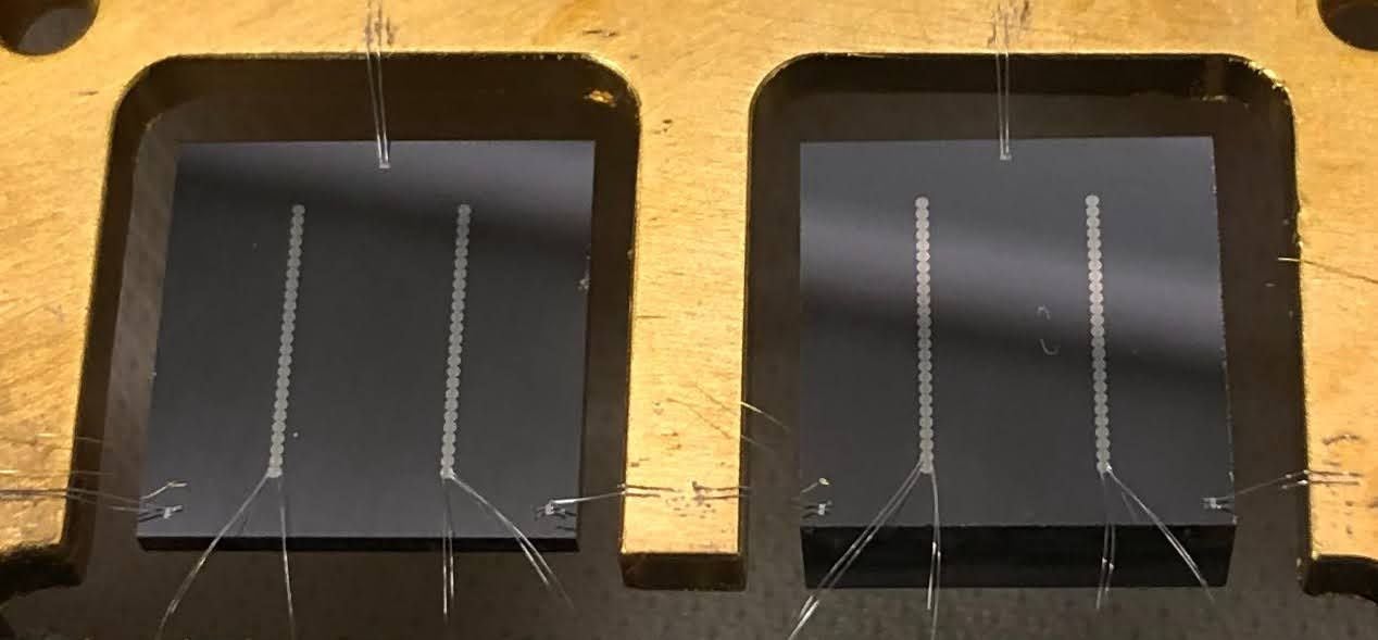 Photograph of our 1 mm (left) and 4 mm thick (right) 1 cm2 silicon detectors.