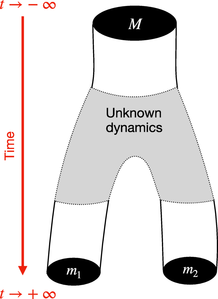 Diagrammatic representation of an asymptotic spacetime containing a single black hole of mass M evolving into a configuration of two black holes with masses m1 and m2 via an unknown dynamics. If a continuous horizon connects the two states, it has the topology of a “pair of pants.”