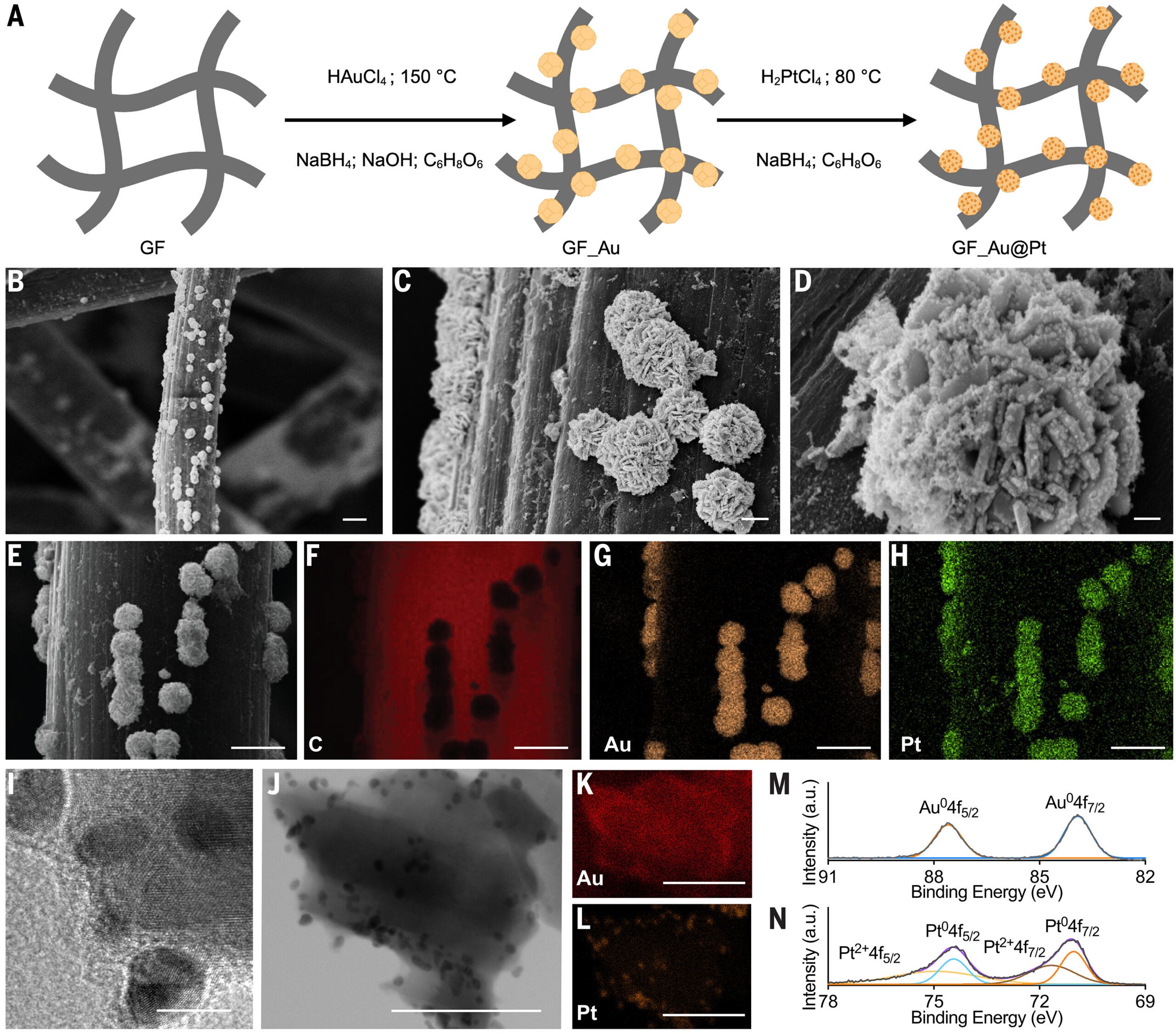 Gold nanoclusters decorated with platinum are embedded in graphite felt to create a catalyst for electrically controlled glucose oxidation. Microscopy and chemical analyses reveal the nanoclusters’ structure, elemental distribution, and surface composition.