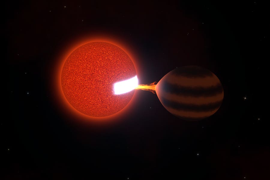 An artist’s impression of ZTF J0440+2325, where a brown dwarf transfers material onto a red dwarf as the pair orbit each other every 86.65 minutes.