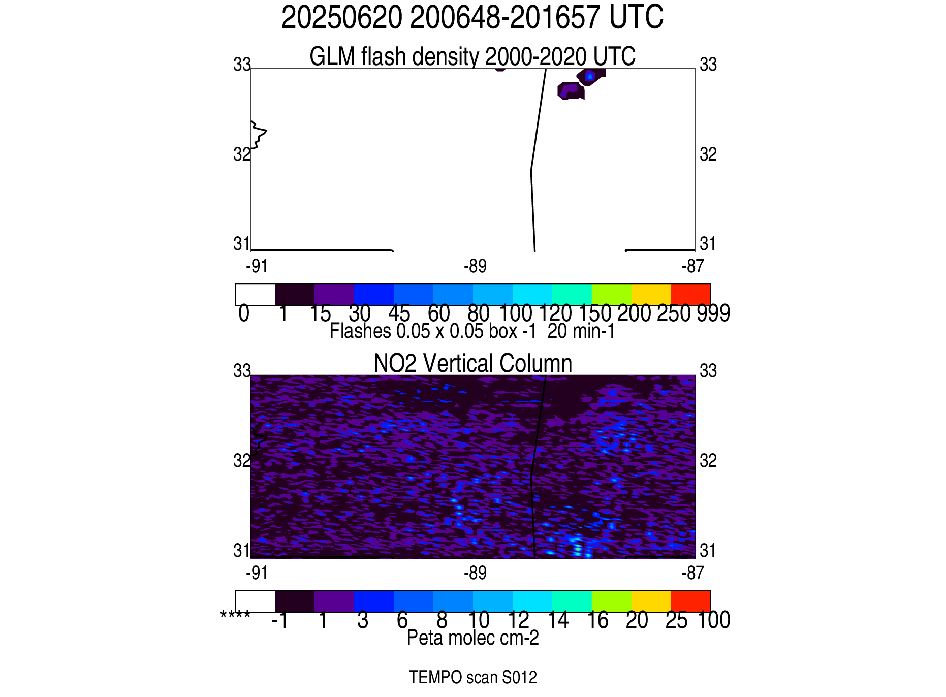 Satellite observations from June 20, 2025, reveal lightning activity (top) and elevated nitrogen dioxide (NO₂) concentrations (bottom) over the central United States, highlighting the atmospheric effects of thunderstorms.