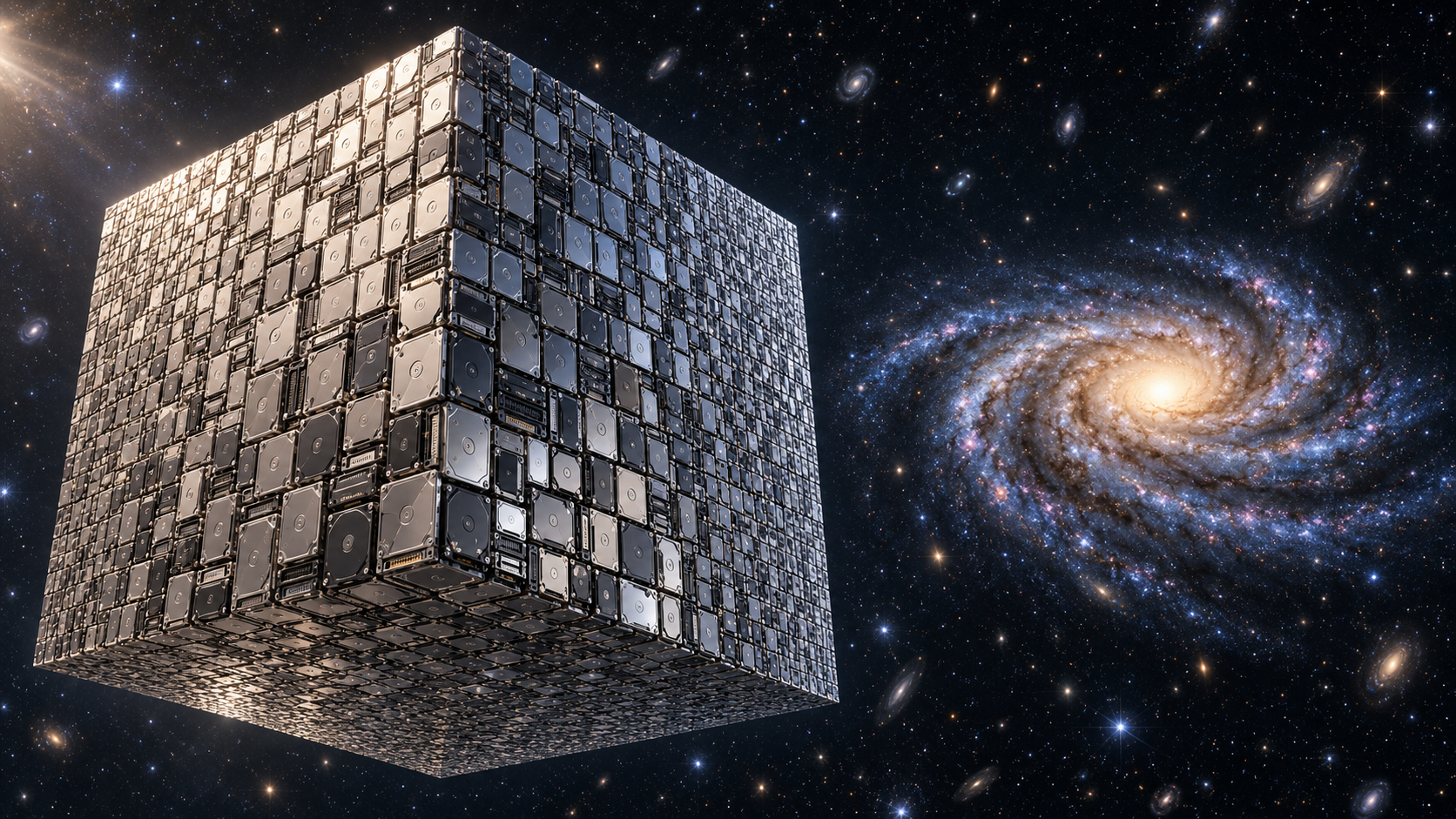 Packed together, drives measuring roughly 100 × 70 × 7 millimeters would fill a cube about 163,000 light-years on each side, wider than the Milky Way’s approximately 100,000-light-year stellar disk.
