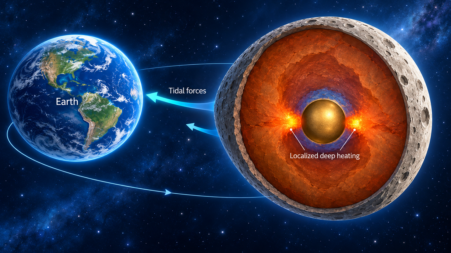 Earth’s tidal pull could have concentrated heat near the Moon’s core-mantle boundary, as illustrated by the glowing regions in this cutaway. The heating pattern is a model prediction; sizes and distances are not to scale.