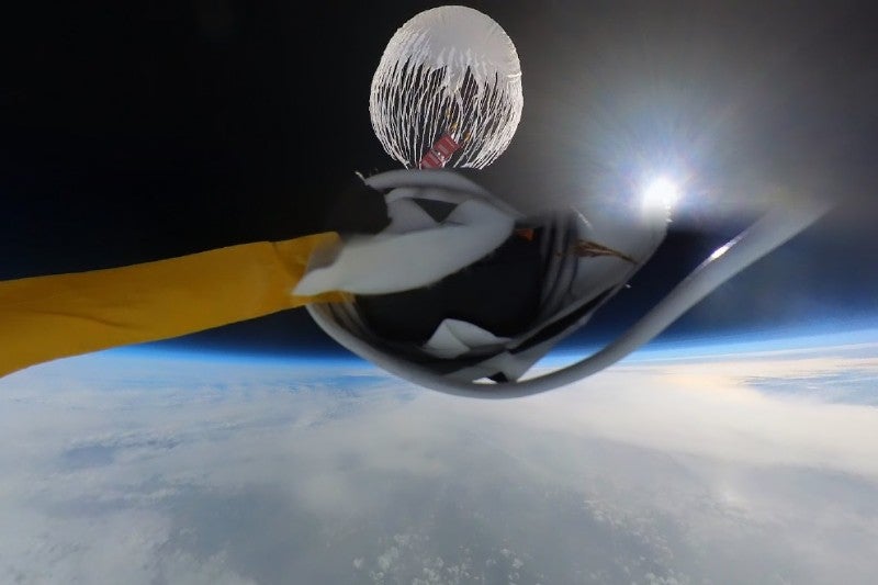 A shot from when the balloon used in Shams’s experiment burst. He recovered the CosmicWatch miles away from the launch site, and used the data to show how the flux of cosmic rays coming from outer space changes with altitude.