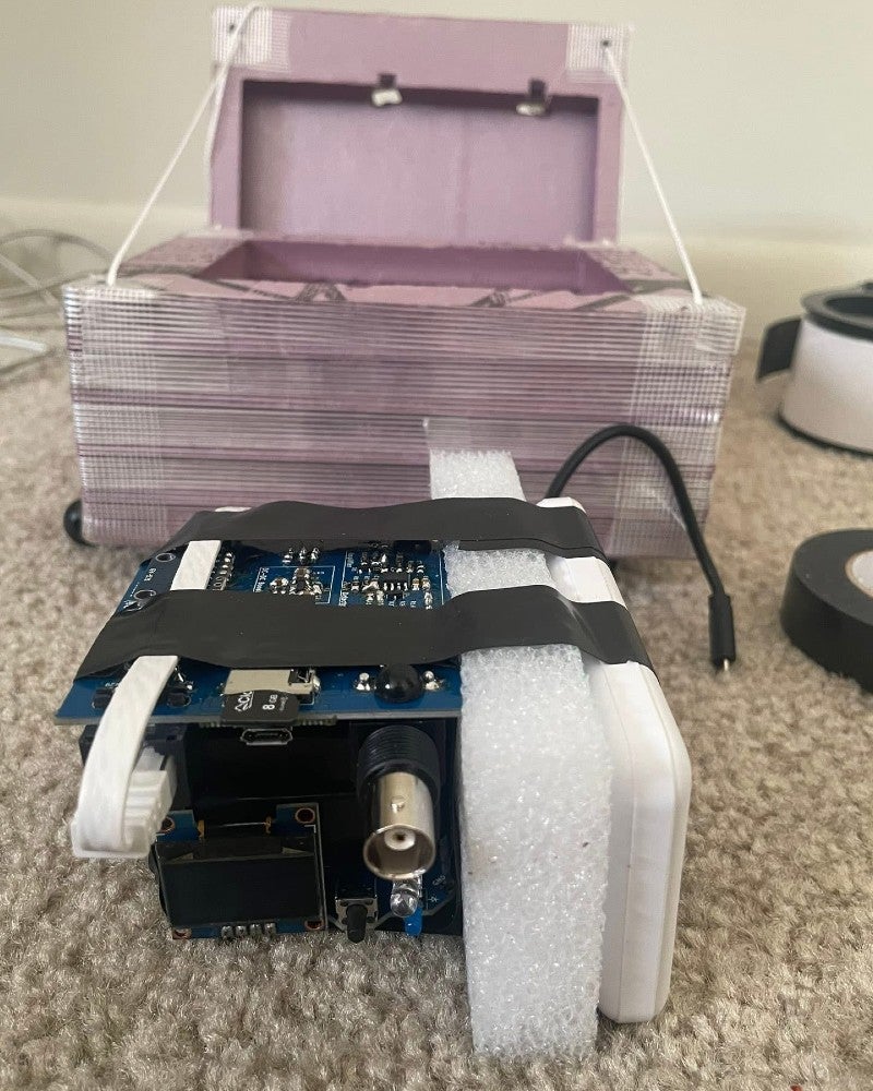Doctoral student Musarate Shams used a CosmicWatch he built in an experiment investigating cosmic rays in the Earth’s upper atmosphere. The detector was attached to a high-altitude balloon that rose to 100,000 feet above the Earth.