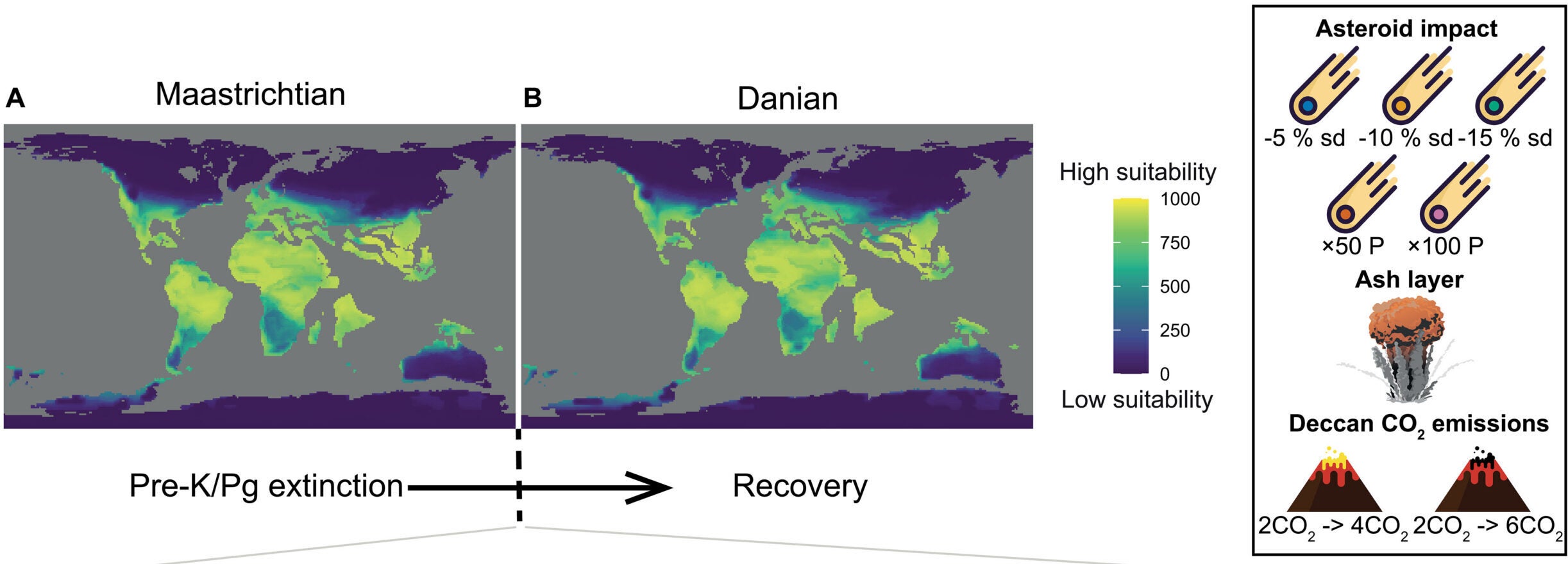 Climate models show how suitable habitats for ancient crocodile relatives changed before and after the asteroid impact that ended the Cretaceous Period. The simulations compare conditions during the Maastrichtian and Danian periods, including scenarios of reduced sunlight caused by the impact.