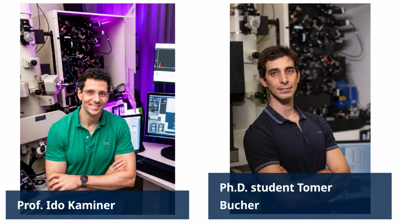 Prof. Ido Kaminer (left) and Ph.D. student Tomer Bucher (right) in their research laboratories at the Technion – Israel Institute of Technology.