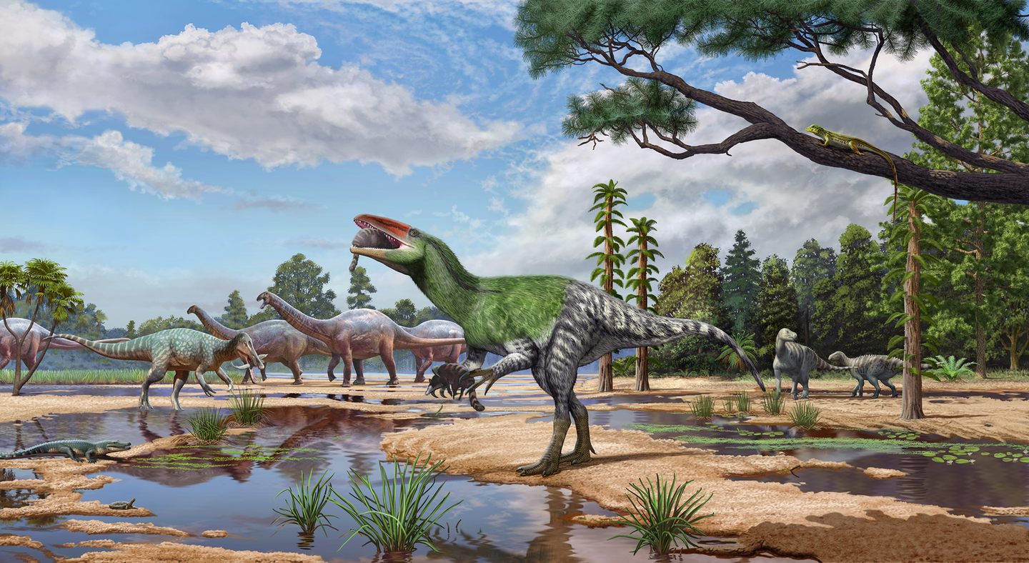 Artists’ rendition of I. amberina with contemporary fauna in the lower part of the Wessex Formation.