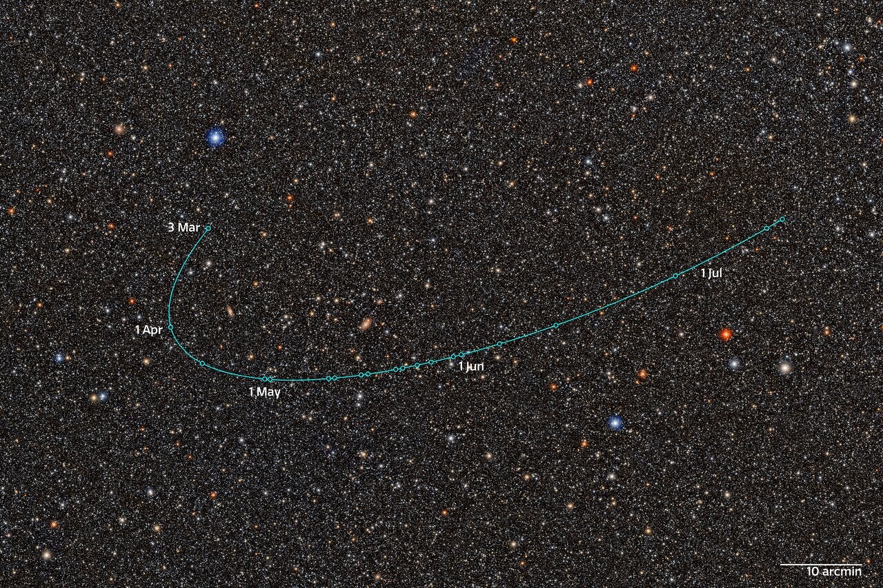 A composite image from the Vera C. Rubin Observatory traces the orbital path of newly discovered dwarf planet candidate 2026 ED138. The images were captured between March 4 and July 11, 2026.