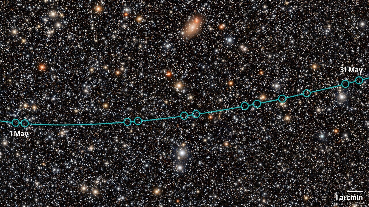 A series of images from the Vera C. Rubin Observatory traces the orbital path of newly discovered dwarf planet candidate 2026 ED138. Teal circles mark its position in observations captured between May 1 and 31, 2026.