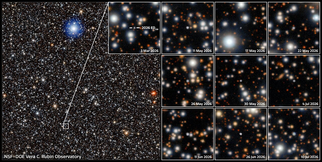 A mosaic from the NSF–DOE Vera C. Rubin Observatory shows the newly discovered dwarf planet candidate 2026 ED138. The object was identified in observations collected between March 4 and July 11, 2026.