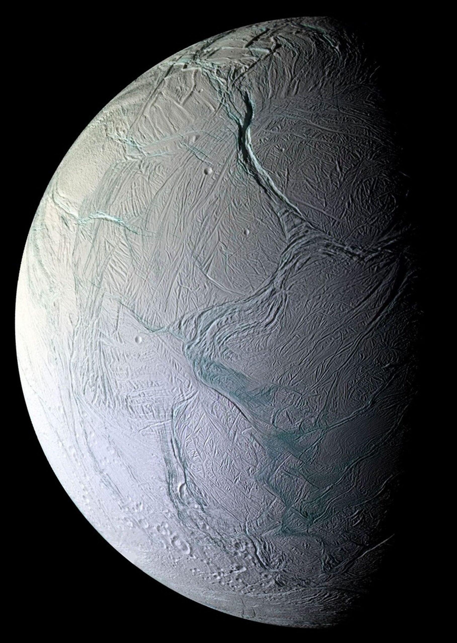 This image of Saturn's moon Enceladus was created from images taken by NASA's Cassini spacecraft, which came within about 25 kilometers of its surface.