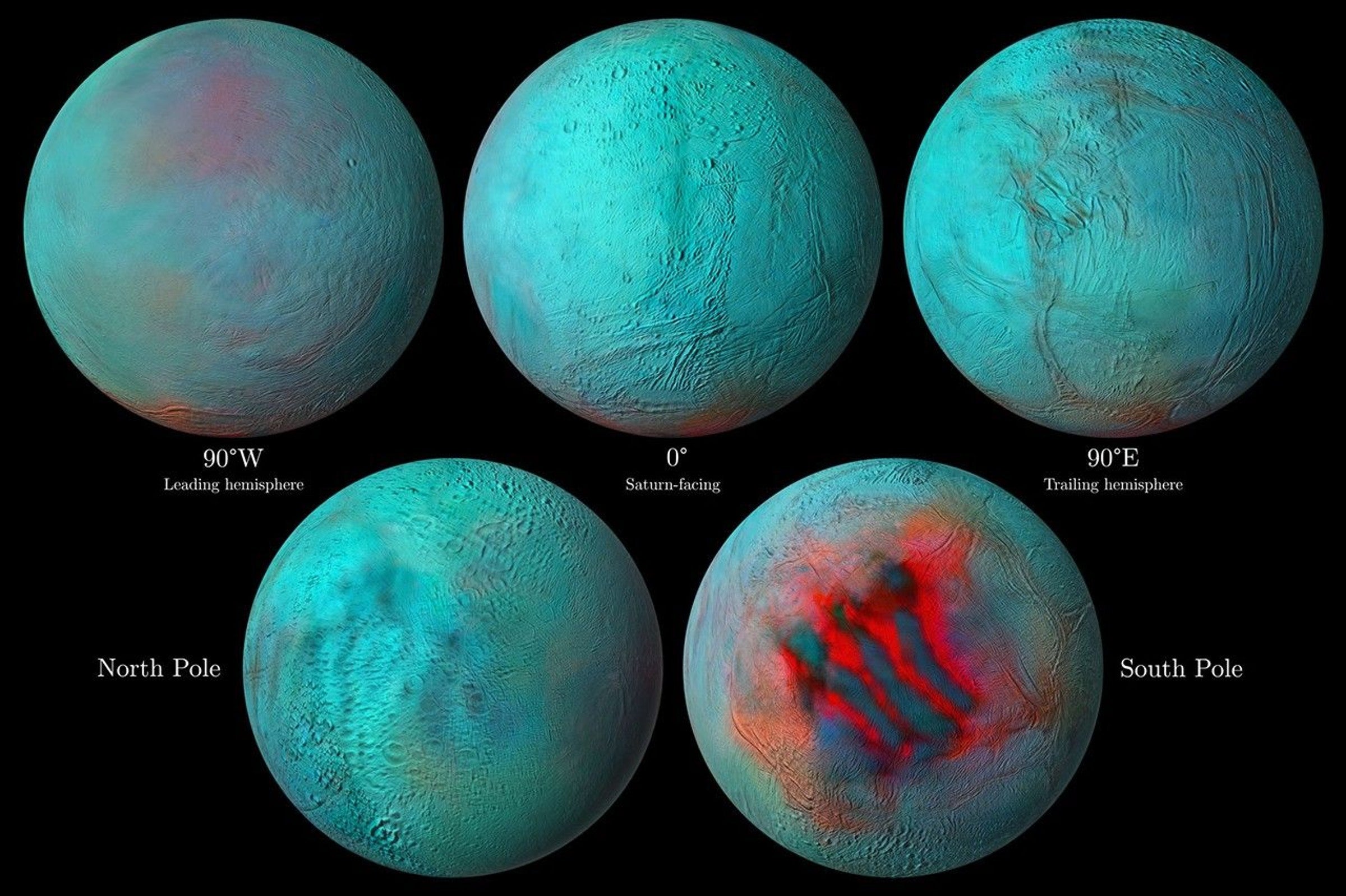 Infrared images show heat generated by cryovolcanic activity, particularly around Enceladus's south pole.