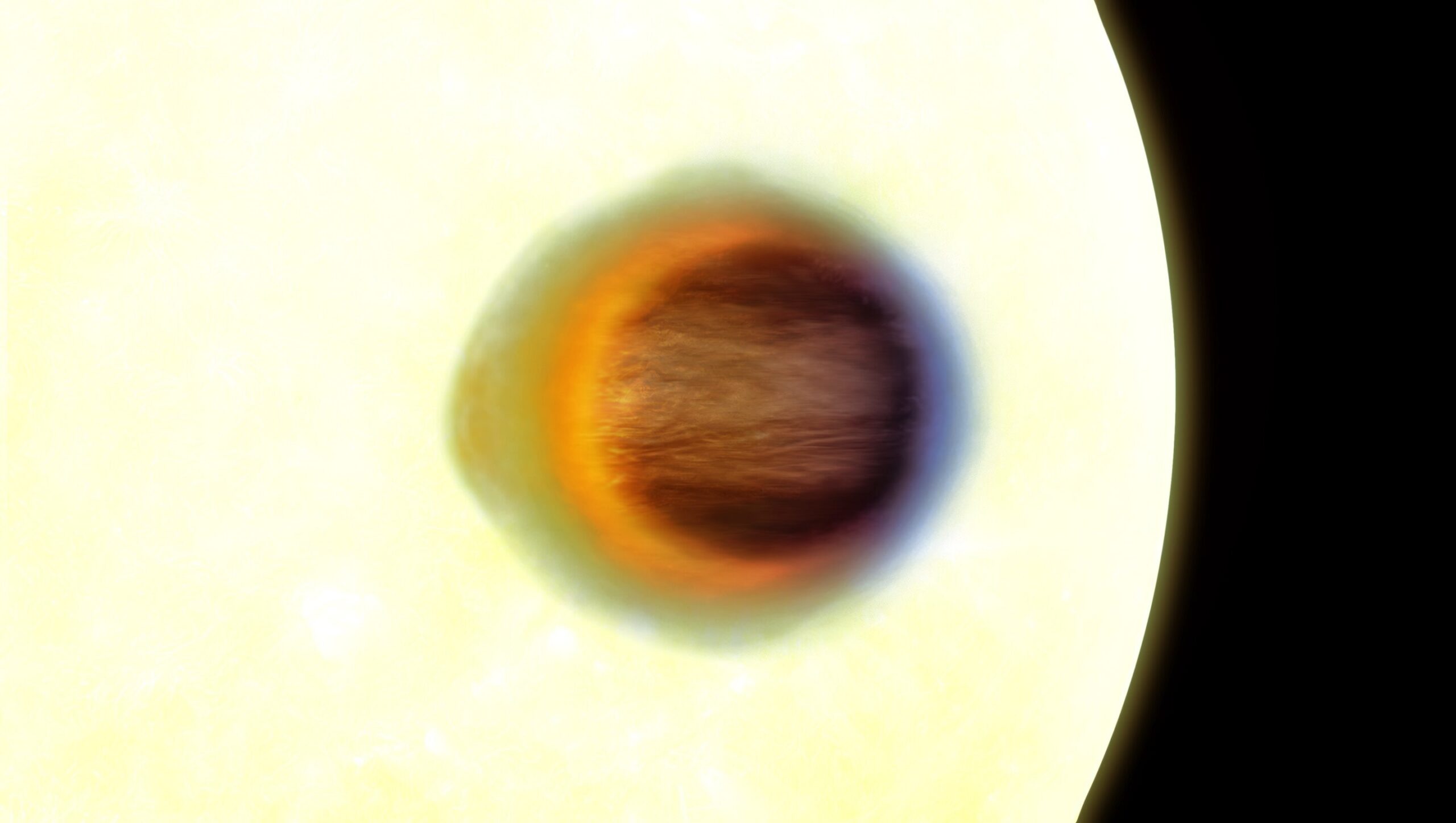 WASP-17b transiting in front of its star revealing the shape of its absorbing atmosphere through JWST observations. The hot extended red side is gas transported from the permanently irradiated dayside across the evening limb of the planet, the cooler blue side is less extended as the gas has cooled across the nightside of the planet and it is being transported across the morning limb. 
