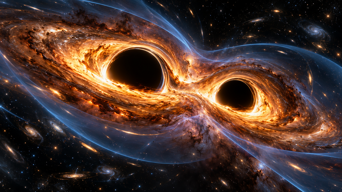 Illustration depicts two approaching black holes, with blue curves representing mathematical gravitational field sheets. A new theoretical study explores how these structures could reconnect and alter energy exchange between gravity and matter.