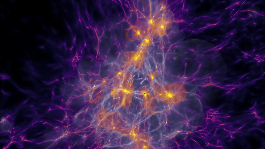 The purple cosmic web of gas feeds intense star formation in the first galaxies. As stars live and die, they produce oxygen (yellow) and photons (white), all self-consistently evolved and tracked together by the new Megatron simulations.