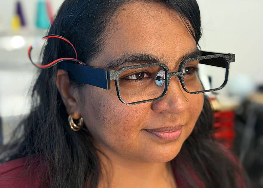 Nivedita Arora Breed Chair Assistant Professor of Electrical and Computer Engineering and Computer Science wearing the GlassTENG prototype.