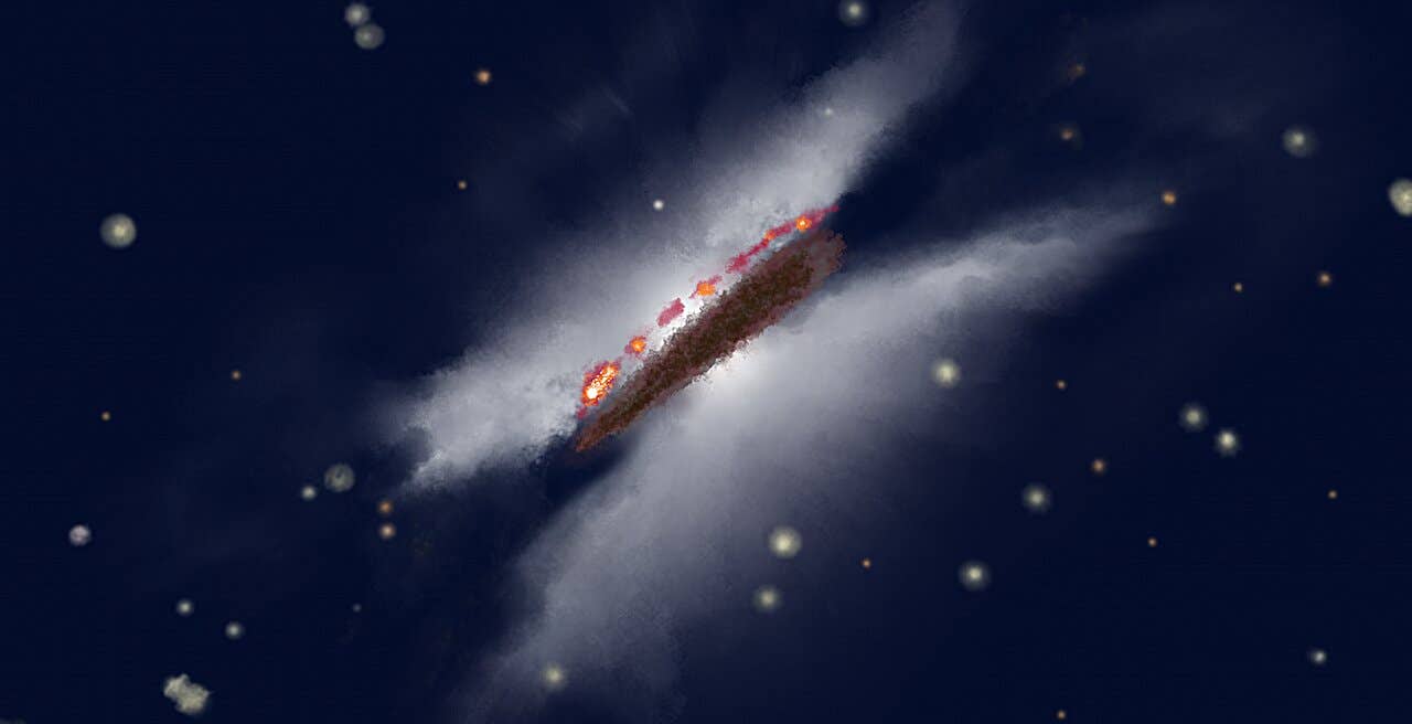 An artist’s impression of Gomez’s Hamburger shows gas and dust rotating around a young star in distinct layers, as mapped by ALMA at millimeter wavelengths.