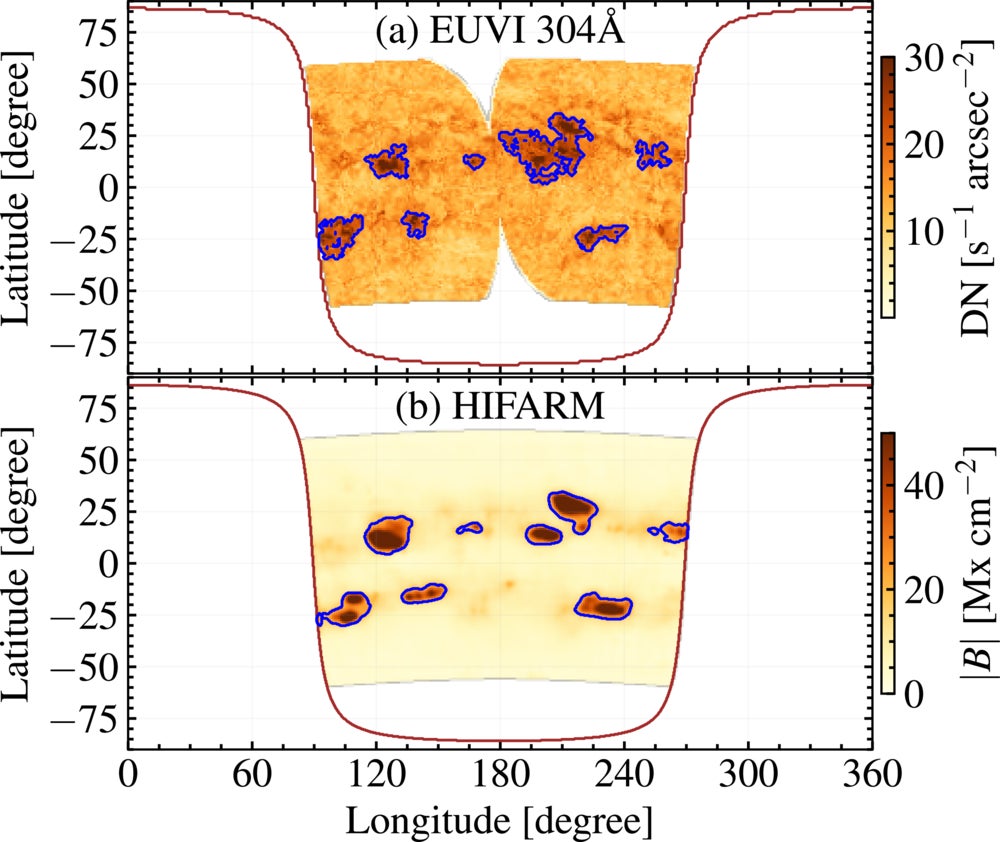 Representative example of AR detection in (a) EUV 304 Å observations and (b) HIFARM using the adaptive intensity threshold based on the sigma-clipping method, from 2012 January 10. The detected regions are outlined by contours indicating the identified ARs’ boundaries.