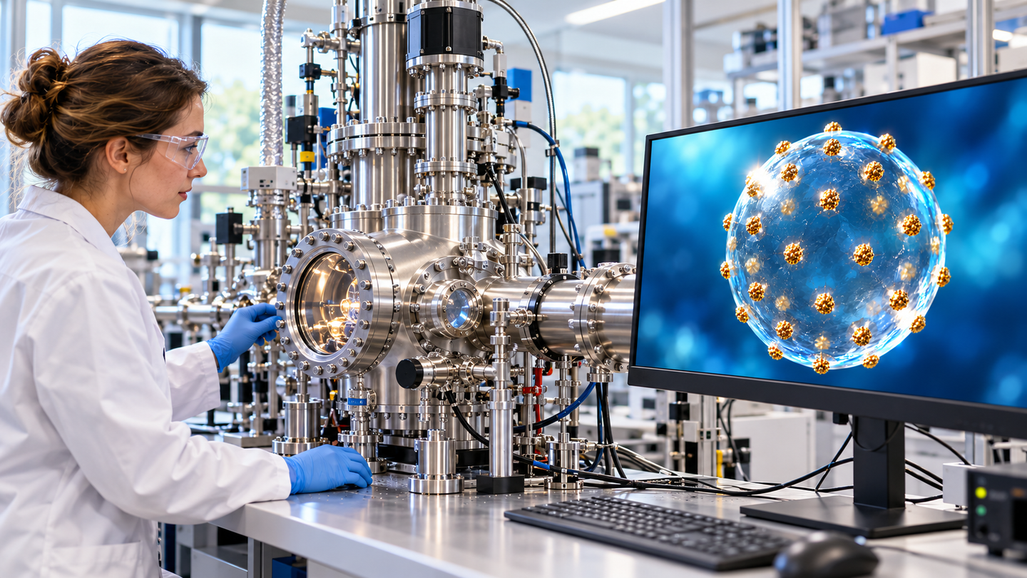 Laboratory scene illustrates research using ultracold helium droplets and gold nanoparticles to study how repelling charges arrange themselves on a sphere. The monitor shows a conceptual visualization of the charge pattern.