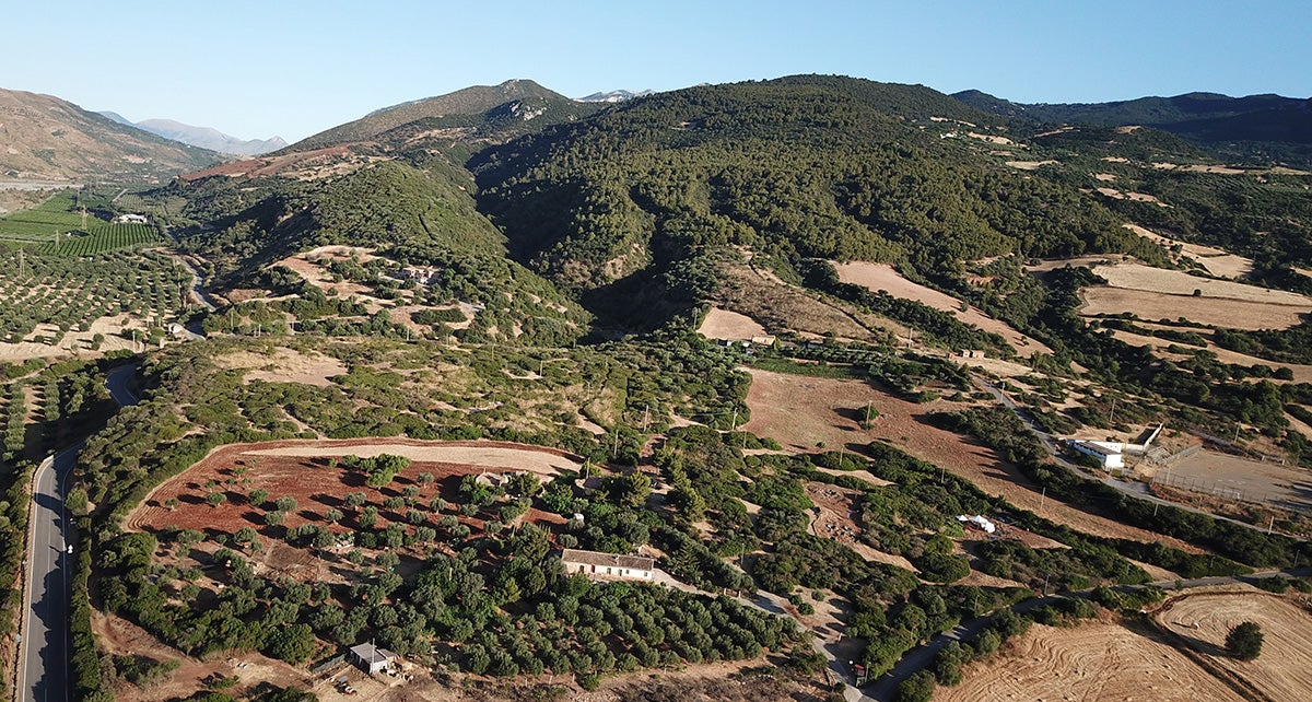 The drone photo shows the burial ground as well as the settlement and sacred hill near Francavilla Marittima in Calabria (Italy). The white tents mark the “Est” excavation site. 