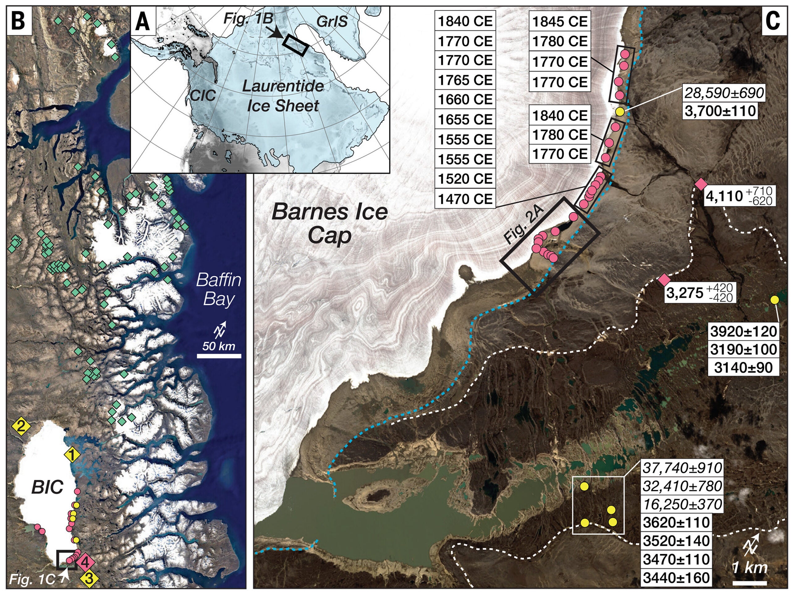 Maps trace the retreat of North America’s Laurentide Ice Sheet from its peak about 22,000 years ago to its last remnants on Baffin Island. Geological evidence reveals that the ice sheet had shrunk close to the size of today’s Barnes Ice Cap roughly 4,000 years ago, with rapid retreat occurring around 3,600 years ago.