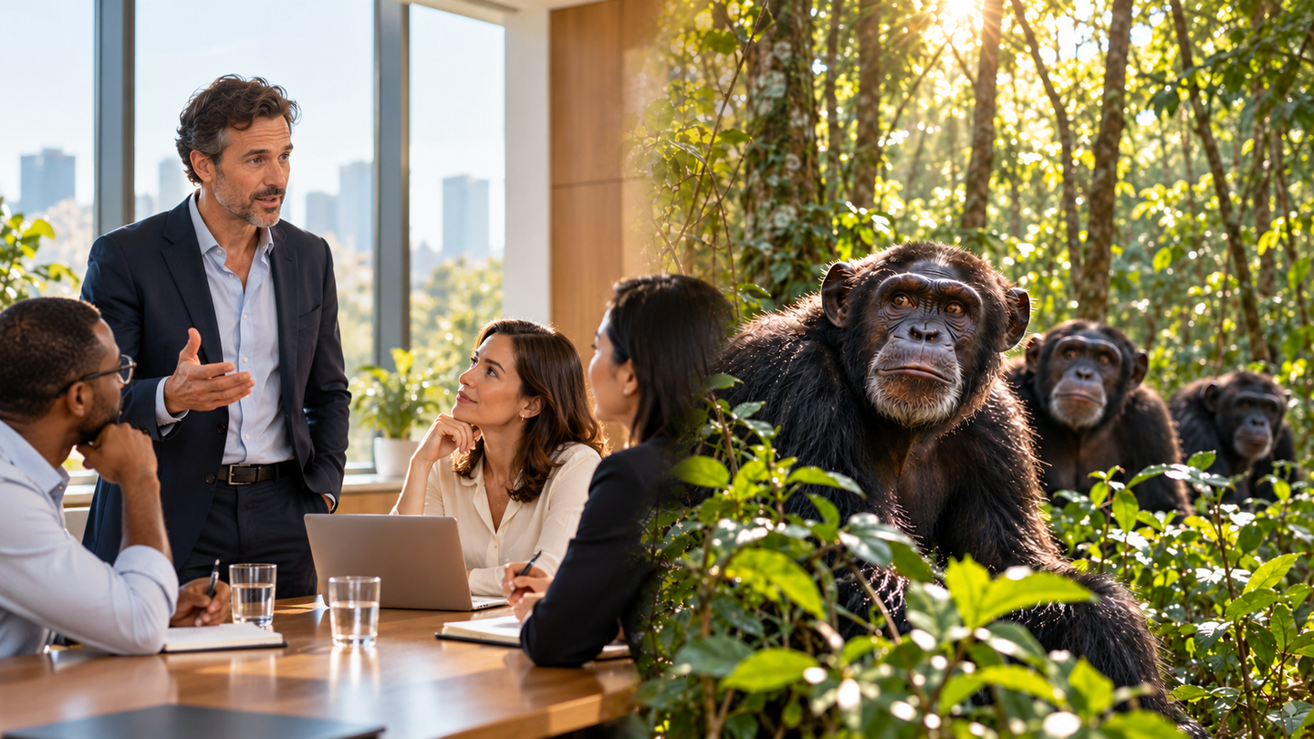Human leaders and higher-ranking chimpanzees show greater reported risk tolerance, but the study cannot establish cause and effect.