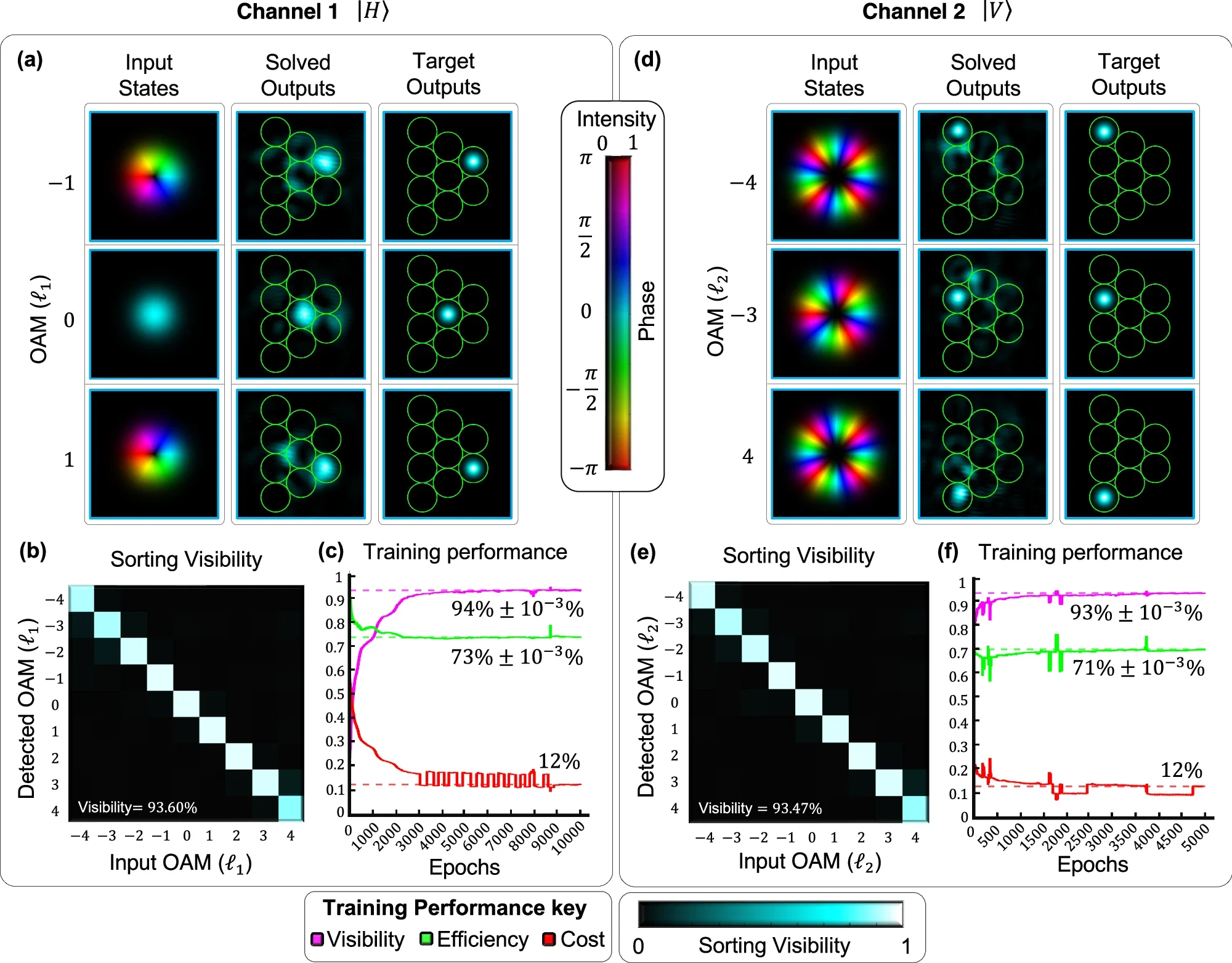 Examples of the simulated input OAM modes and their corresponding target mode is shown alongside the experimentally measured solved intensity obtained by mapping the input using channel 1 of our D2NN, which will correspond to the horizontally polarised component of our input skyrmion field.