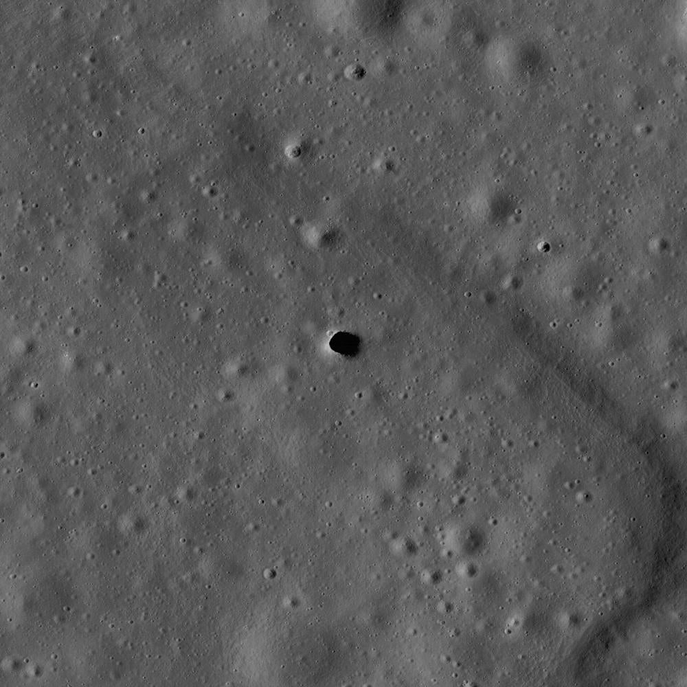 The Marius Hills Pit (MHP) on the surface of the Moon. MHP will be studied by PSI-led GIMLI, through the NASA PRISM program, to investigate a possible lava tube beneath the surface.