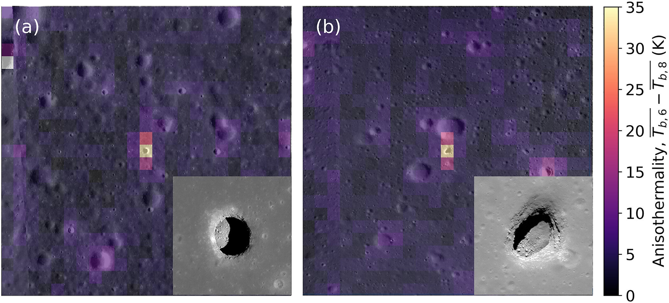 250 m per pixel mapping using the mean of all Channels 6 and 8 brightness temperature measurements taken between 9 p.m. and 4 a.m. LST for (a) the Mare Tranquillitatis pit and (b) the Mare Ingenii pit.