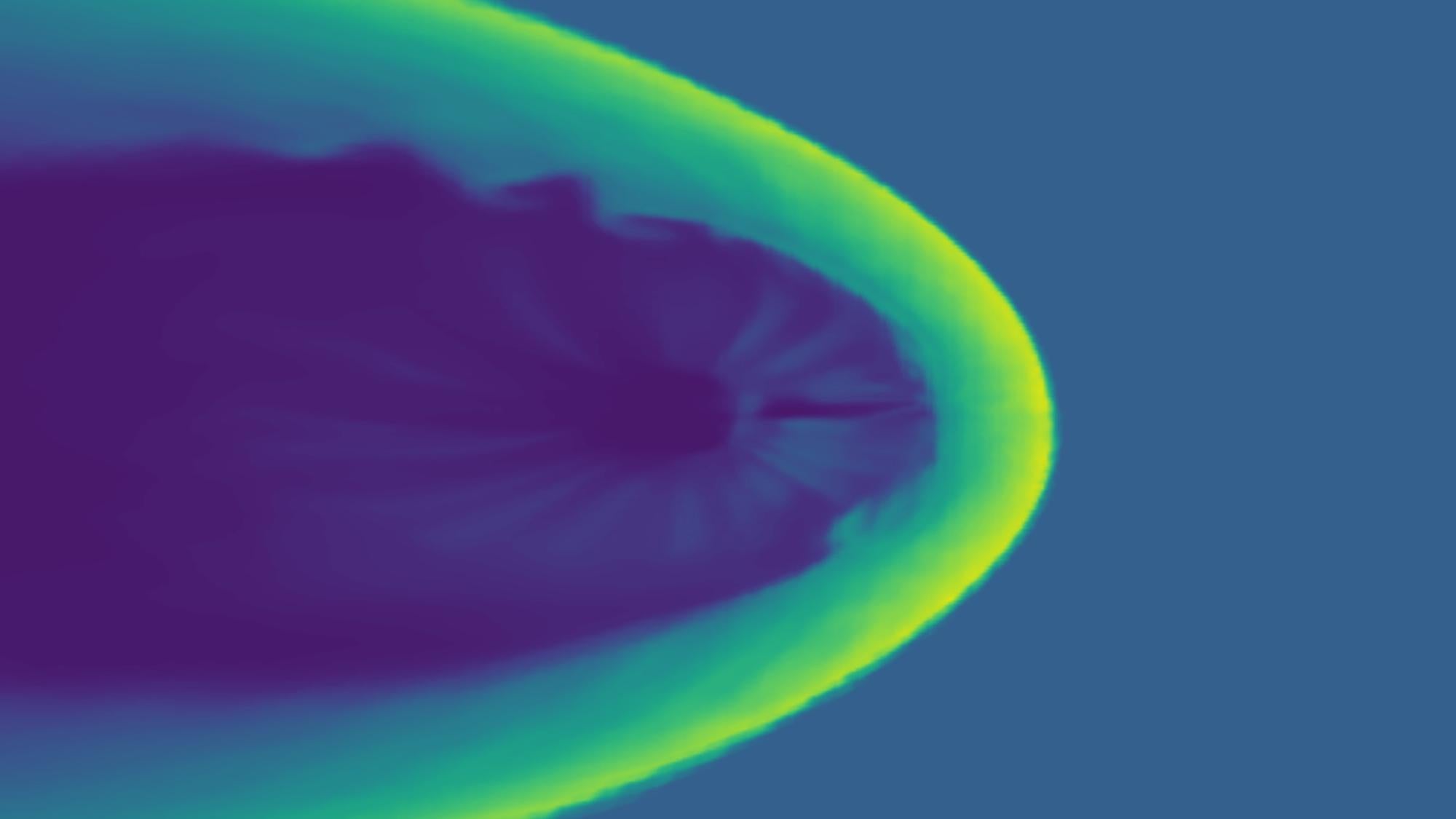 In the simulated image of the Earth's magnetic field, the solar wind comes from the right in the image and Kelvin-Helmholtz waves are visible at the top. The color indicates the density of the plasma.
