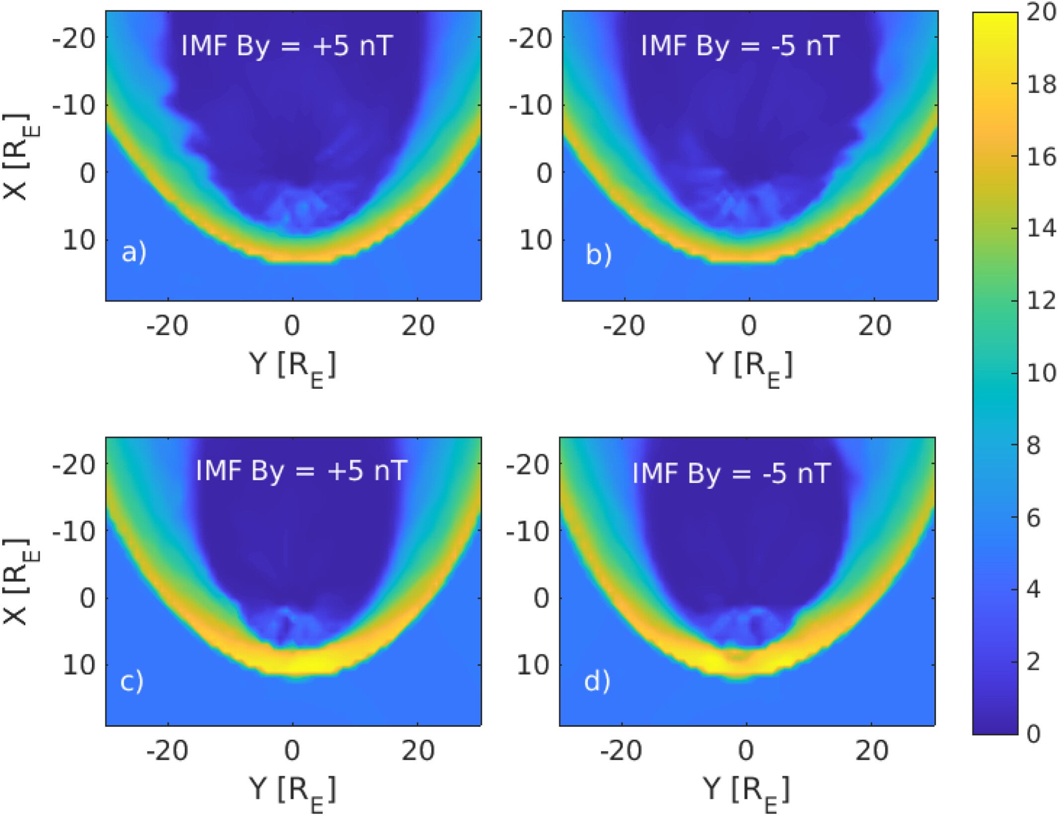 Snapshots of the magnetospheric plasma density from the two LFM runs.