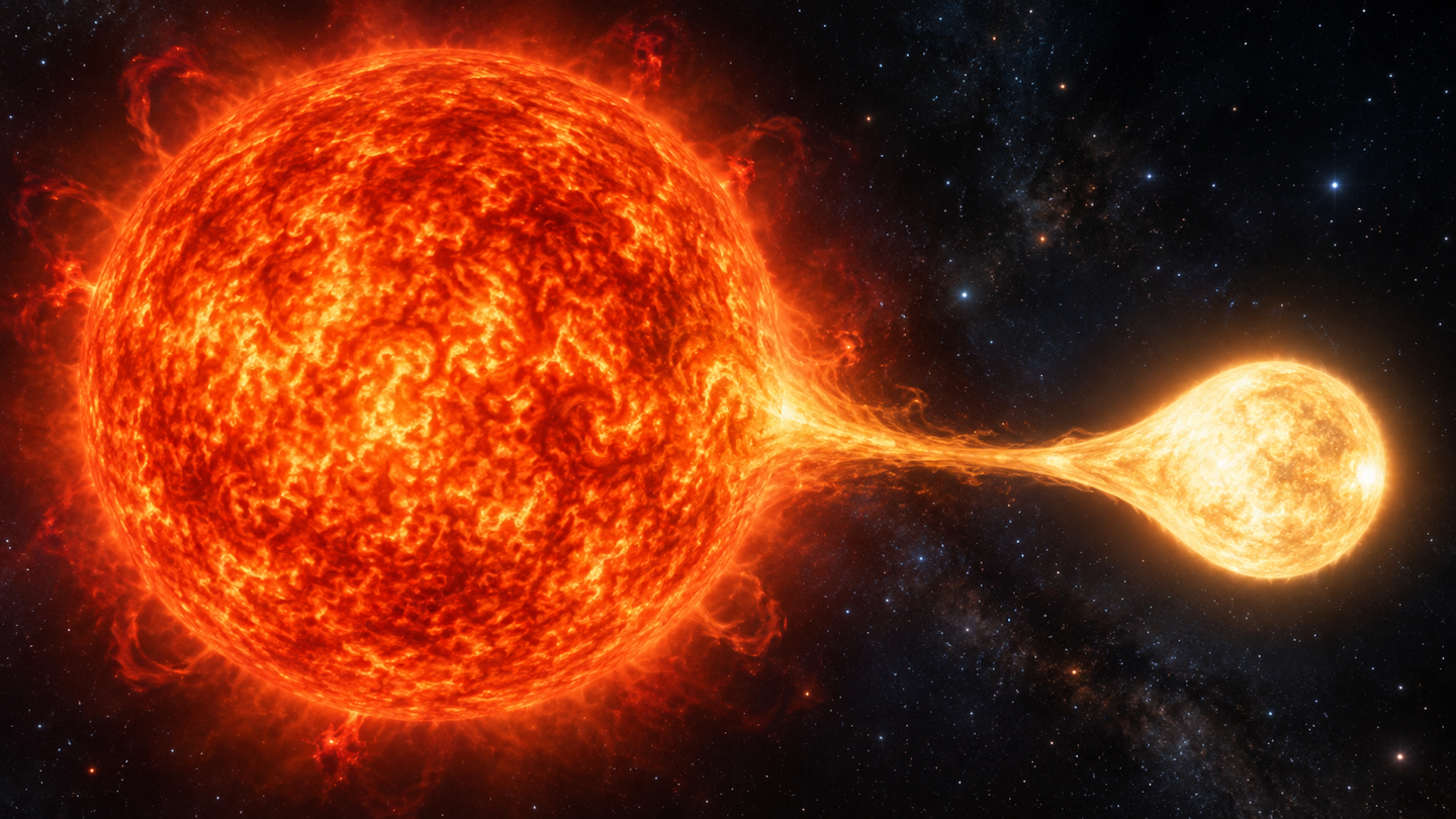 A red giant draws material from a companion star in this illustration. Past mass gain could change how astronomers interpret the giant’s vibrations and estimate its internal magnetic field.