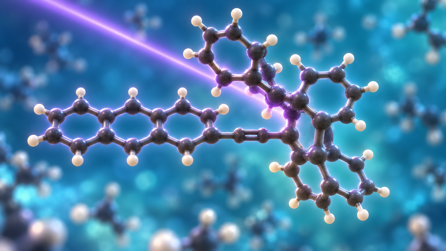 An illustration of a light-controlled molecular motor and neighboring rotor. Changing the motor’s configuration creates an obstruction that sharply slows the rotor’s random, thermally driven motion.