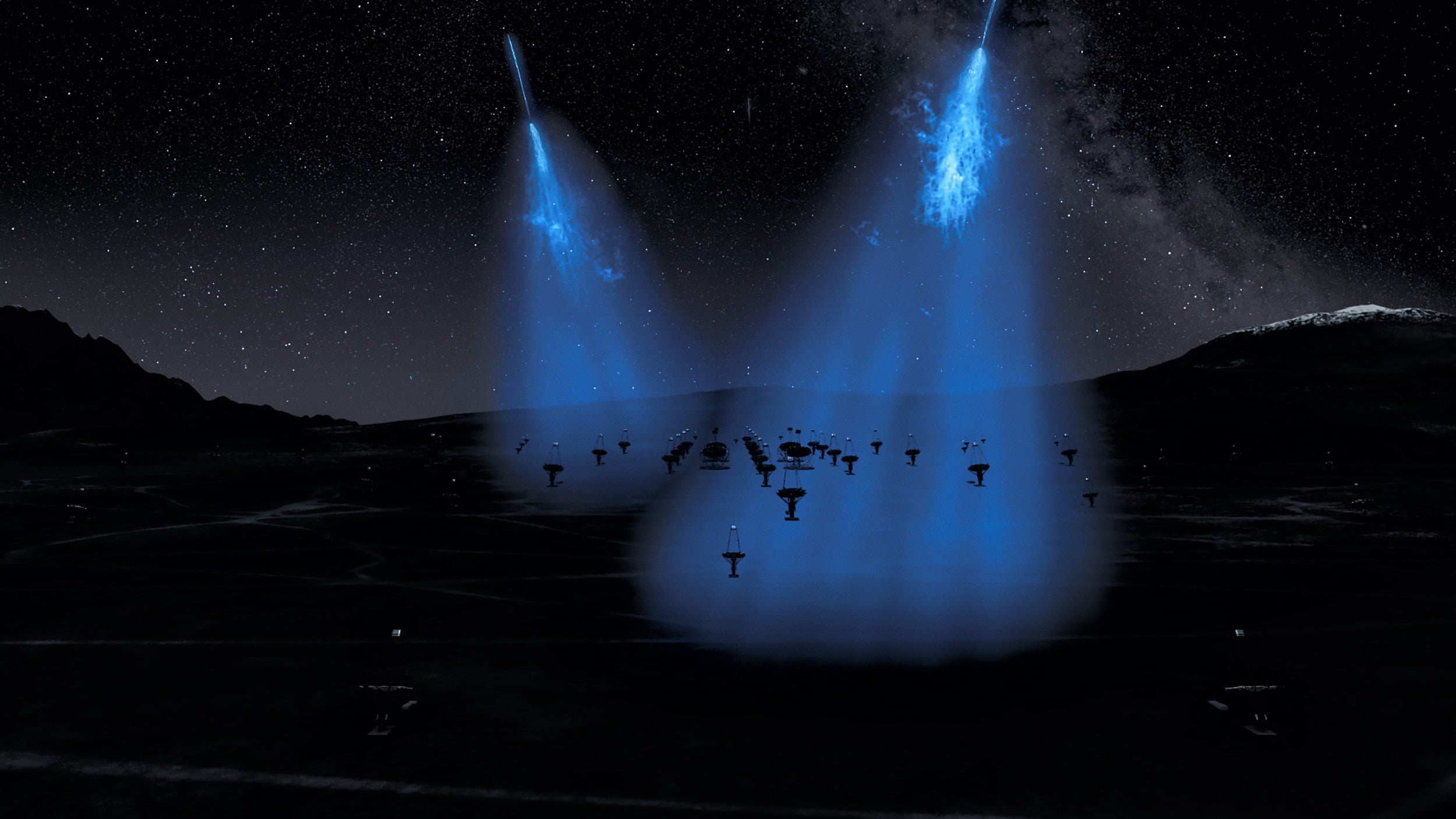 When gamma rays from the universe enter Earth's atmosphere, they produce particle showers. These trigger very brief flashes of blue light that last only fractions of a second. The CTAO telescopes can detect this Cherenkov radiation