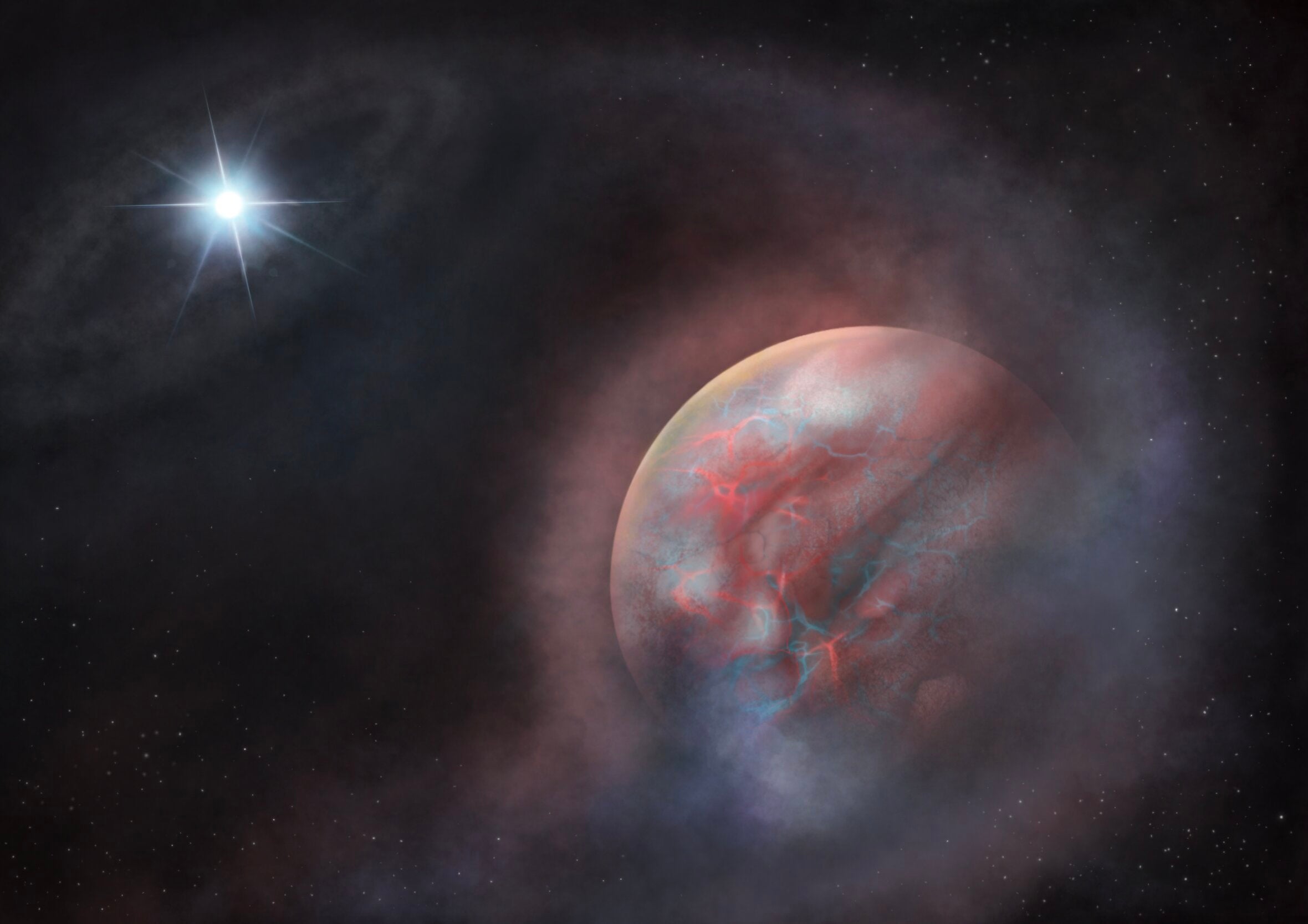 Artists impression of the second-generation planet orbiting HS 0209+0832, the first such planet to be found orbiting a white dwarf.
