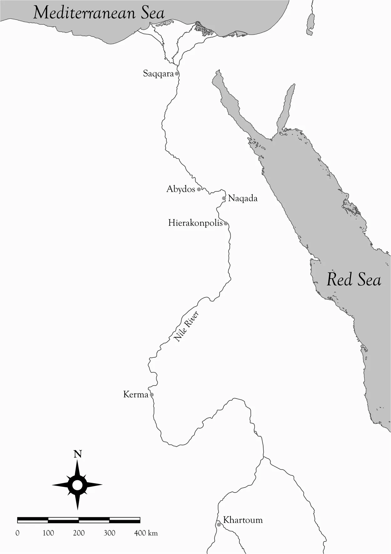Map showing the location of Abydos, as well as Kerma and other sites of importance along the Nile valley.
