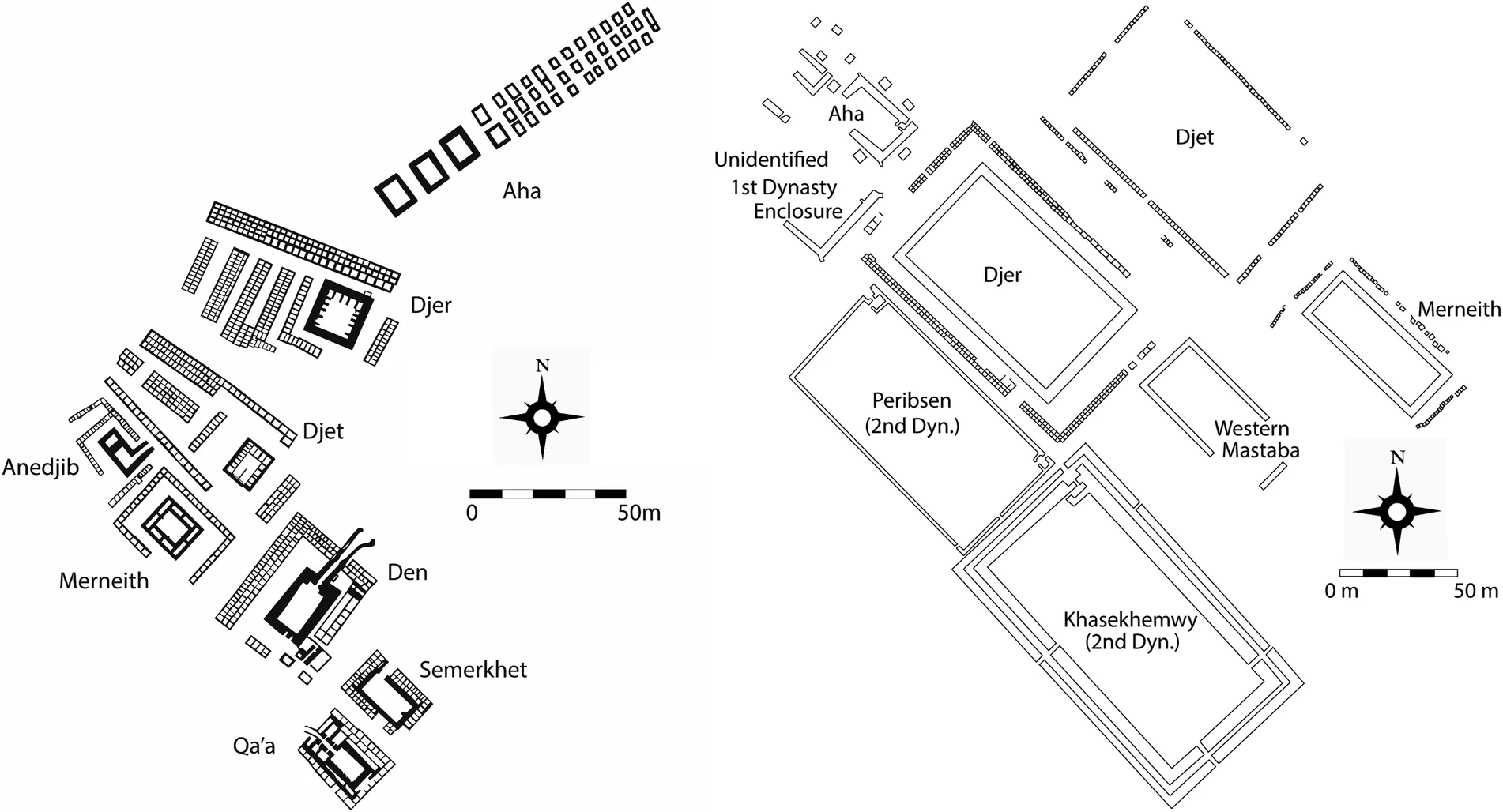 Plan of the royal tombs and subsidiary burials (left) and funerary enclosures with associated subsidiary burials (right) at Umm el-Qaab.