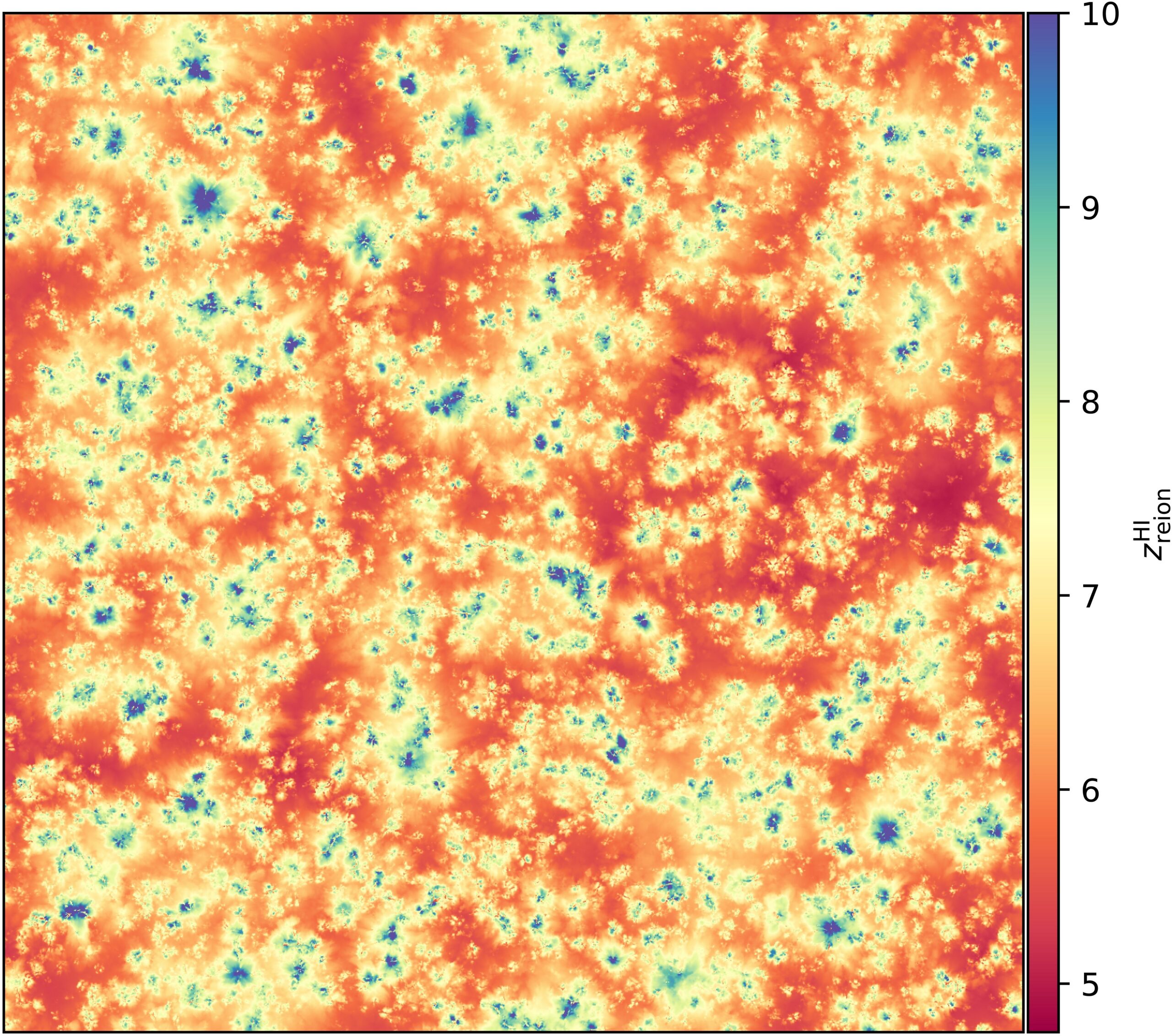Hydrogen reionization redshift in a single-cell slice through the midplane of the simulation box. We define the reionization redshift of each grid cell as the last time at which the local neutral-hydrogen fraction exceeded 1%, using a Cartesian grid with resolution. 