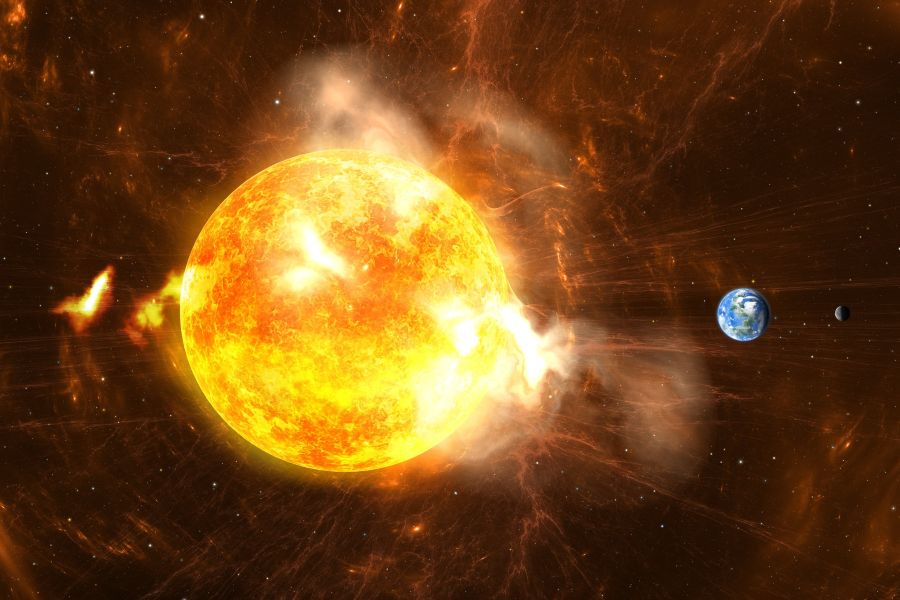 An illustration of giant solar flares unleashing powerful storms and massive bursts of radiation from the Sun.
