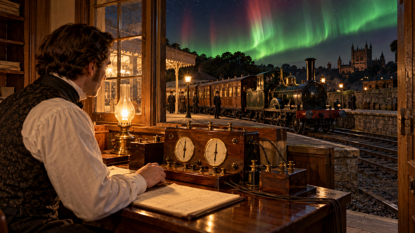 Railway timetables and magnetic records place Exeter’s reported solar-storm train delay in 1848, correcting a longstanding date error.